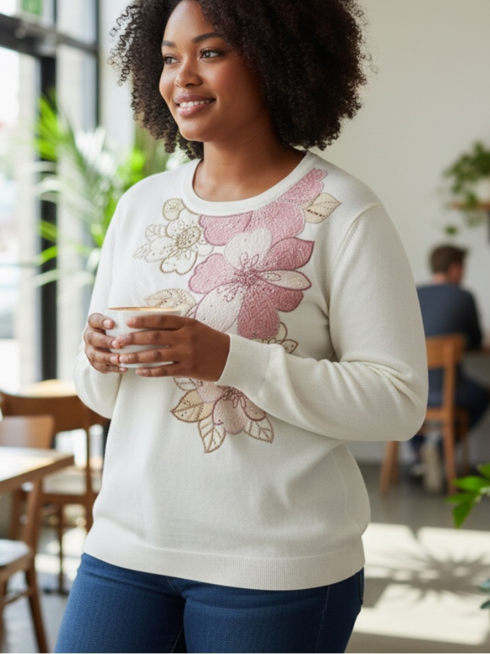 Alfred Dunner Cream Sweater with Pink and Tan Floral Appliqué